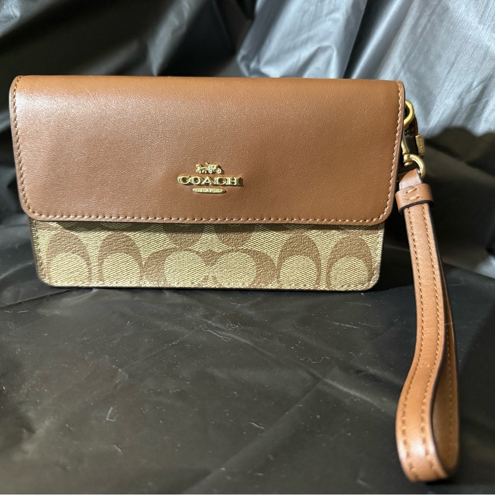 Coach Brown Signature Canvas Leather Wristlet